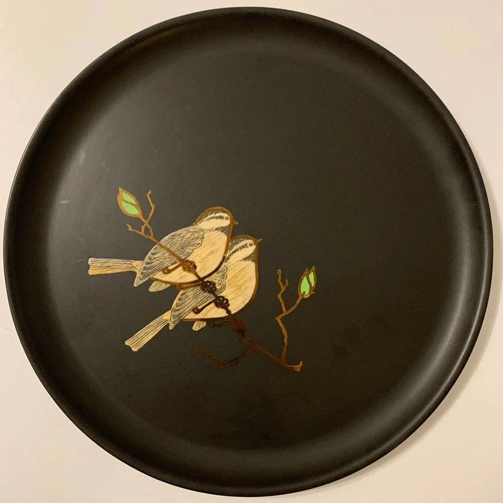 Couroc Vintage MCM Inlaid 2 Birds on Branch Round Plate Serveware‎ HTF
